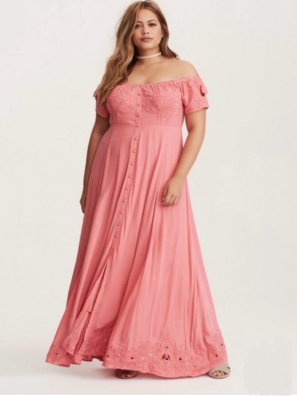 Torrid Off-Shoulder Coral Pink Maxi Dress